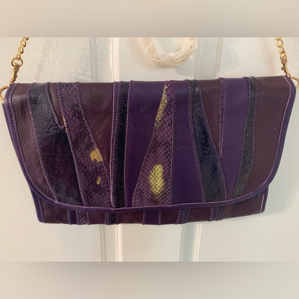 Chi Carlos Falchi Leather Snakeskin Purple Gold Patchwork Clutch Crossbody Purse